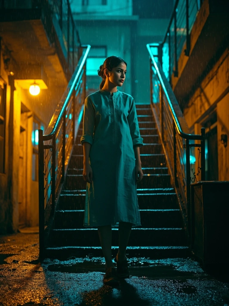 Still from a Malayalam thriller set on a rain-soaked campus